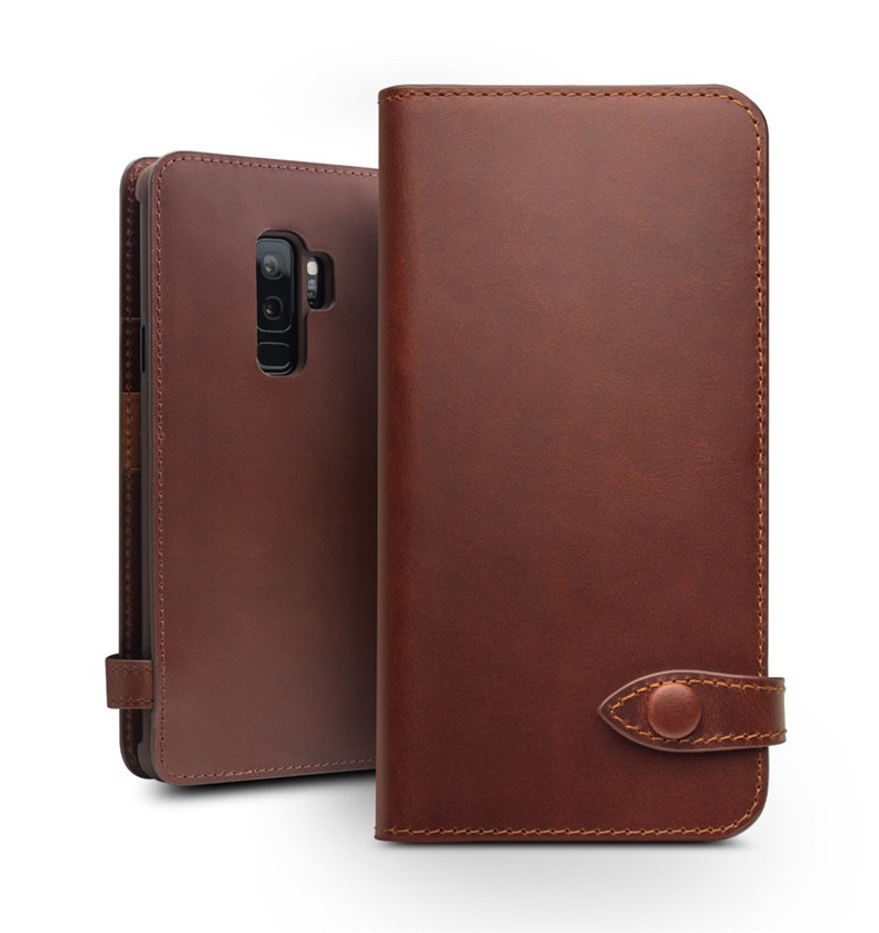 Husa piele naturala, inchidere sigura cu capsa, cu buzunare bani si carduri, Samsung Galaxy S9 Plus - Qialino, Maro coffee