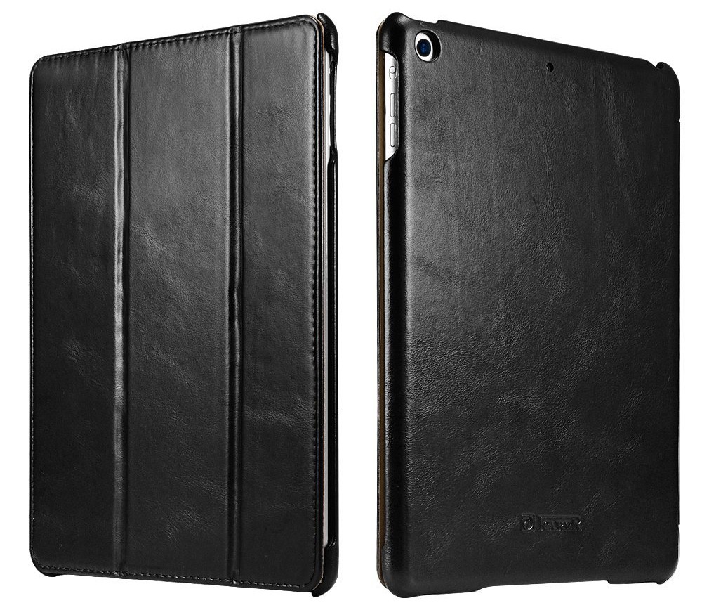Husa din piele naturala, smart cover, functie stand, iPad 9.7 (iPad 6 / iPad 5) / iPad Air - iCARER Vintage, Negru