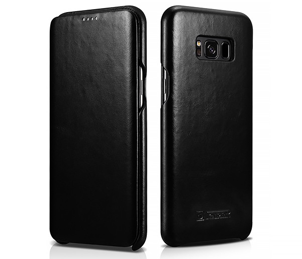 Husa din piele naturala, tip carte cu clapeta curbata, Samsung Galaxy S8 - iCARER Vintage, Negru