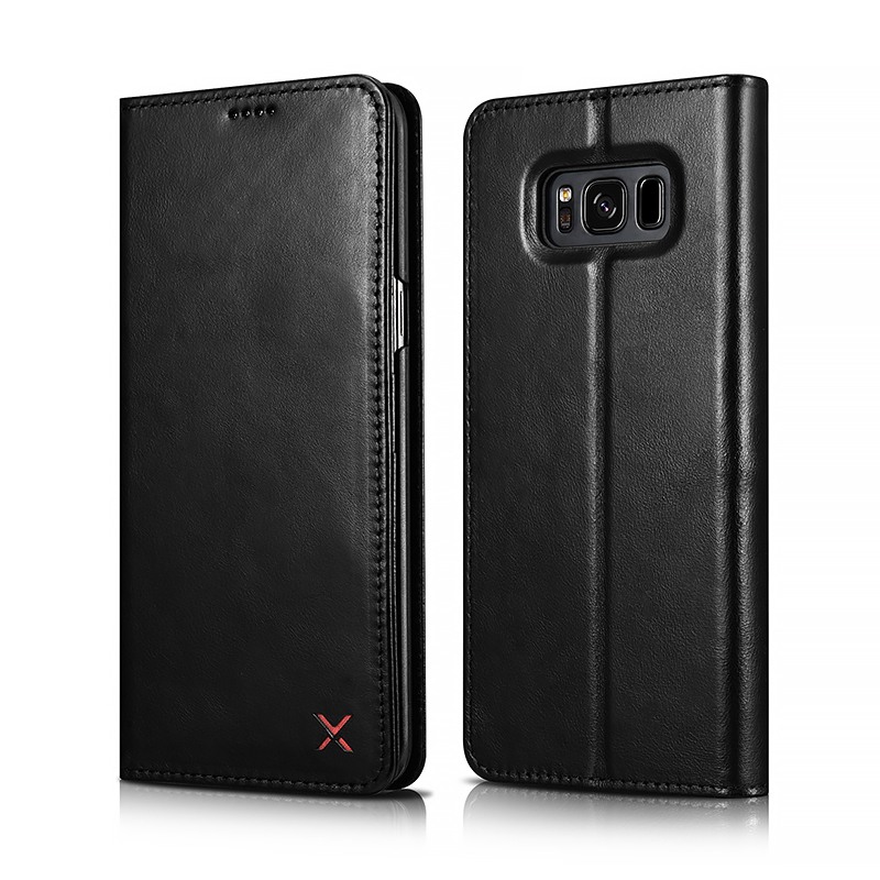 Husa din piele naturala, inchidere magnetica, tip carte, Samsung Galaxy S8 - Xoomz by iCarer Wallet, Negru