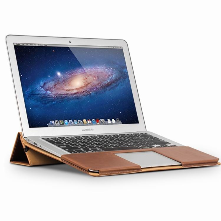 Husa din piele naturala, functie stand, protectie laptop completa, MacBook Air 13 inch - Qialino Folio, Maro