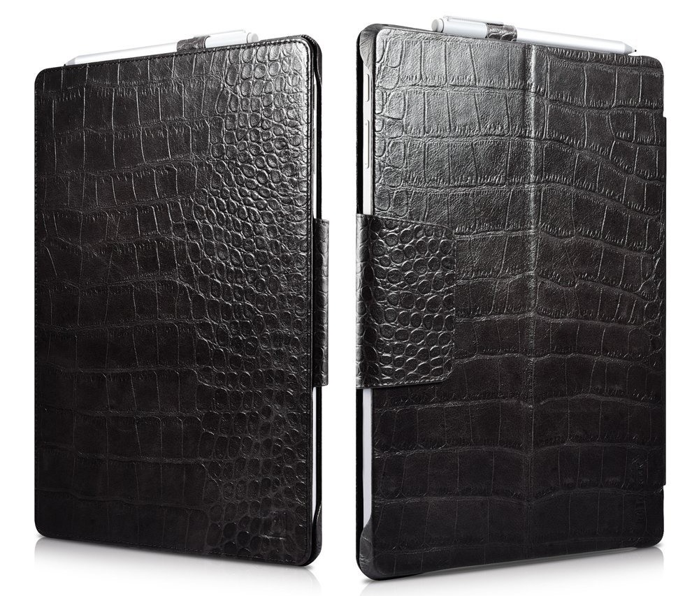 Husa piele naturala, suport Surface Pen, Microsoft Surface Pro 7 / 6 / 5 / 4 - iCarer Crocodile book, Negru