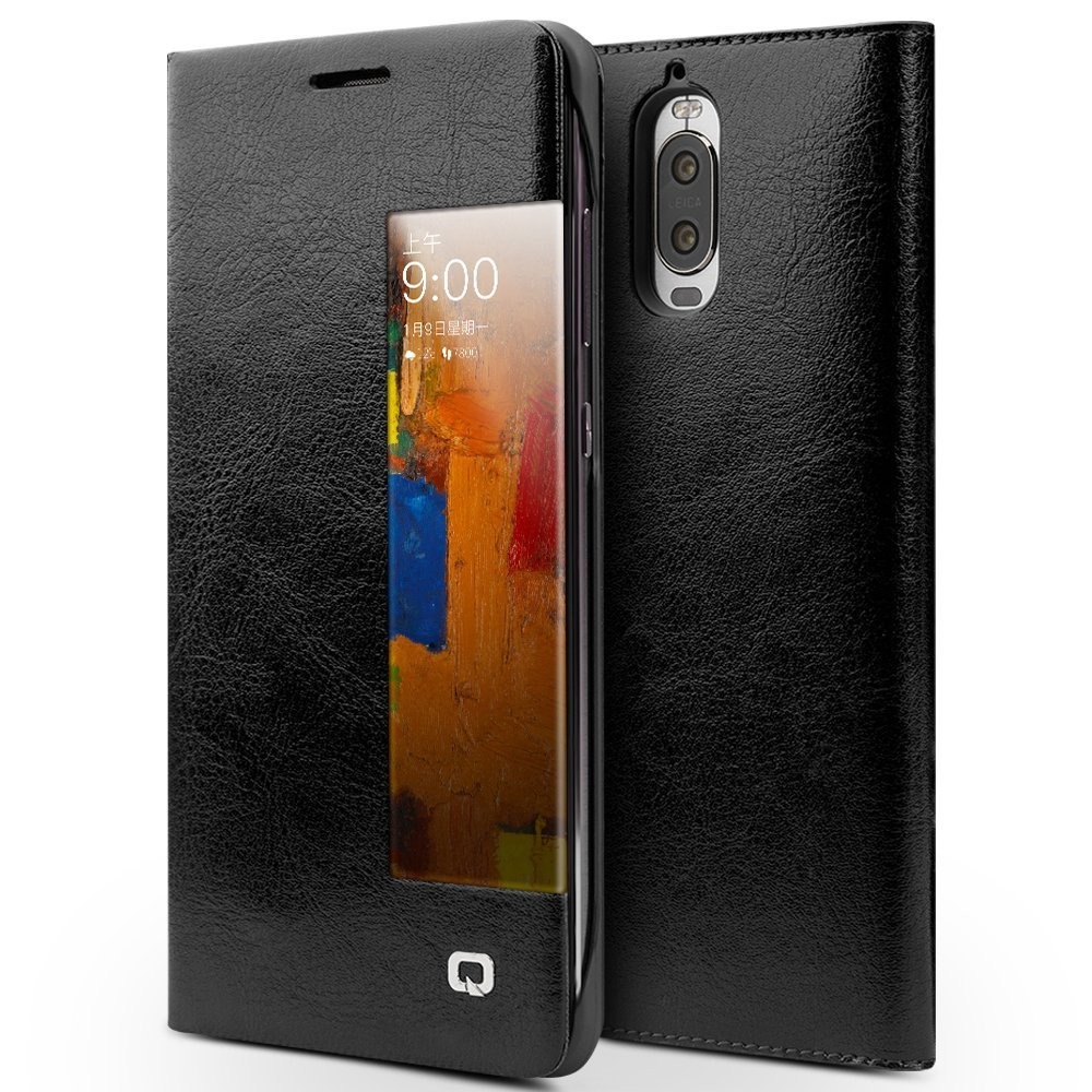 Husa slim din piele fina naturala, smart cover, Huawei Mate 9 Pro - Qialino Smart Leather, Negru