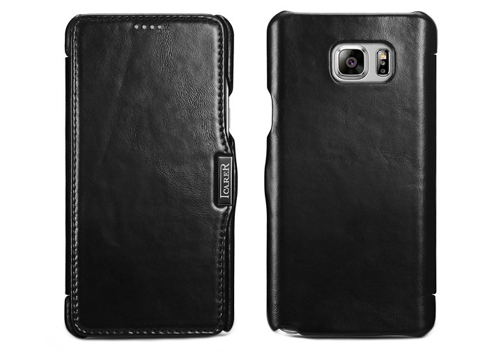 Husa din piele naturala, tip carte, Samsung Galaxy Note 5 / Note 5 Duos - iCARER Vintage, Negru