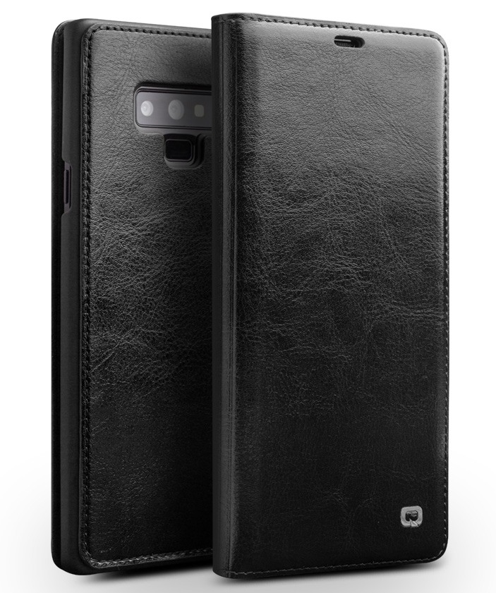 Husa slim din piele fina naturala tip carte, cu buzunar card, Samsung Galaxy Note 9 - Qialino, Negru