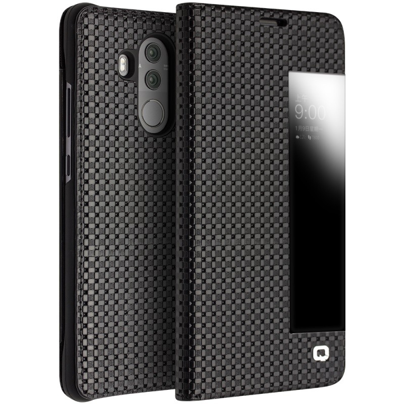 Husa slim din piele naturala, smart cover, Huawei Mate 10 Pro - Qialino Grid Leather, Negru