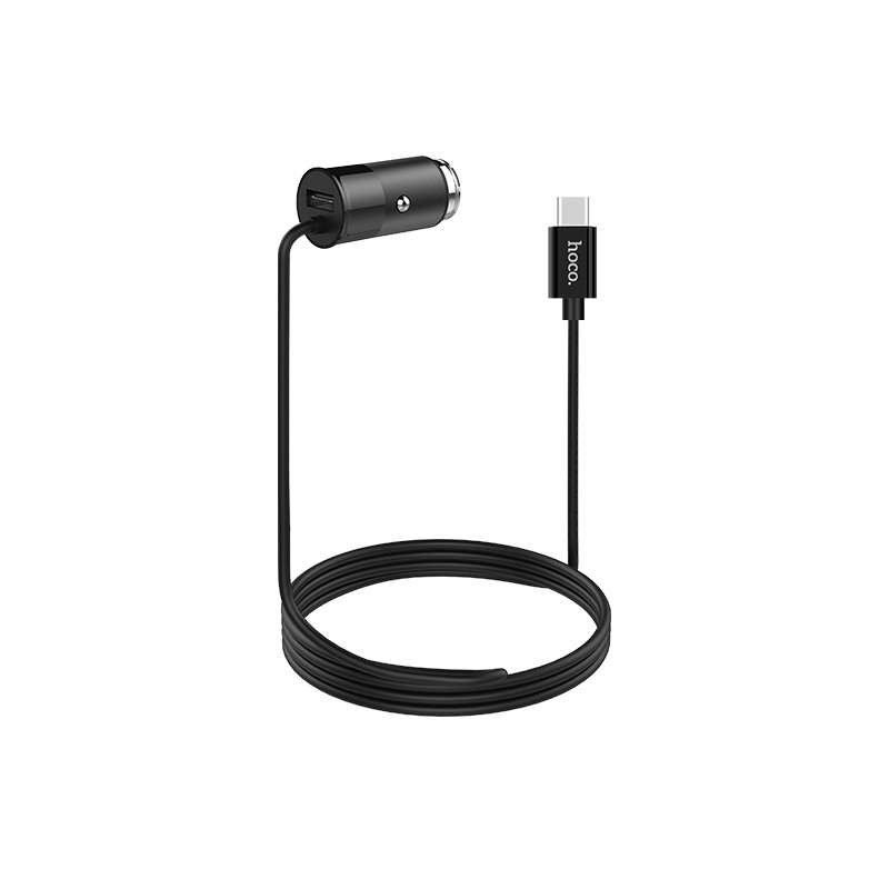 Incarcator auto slim de bricheta cu cablu mufa Type-C, USB suplimentar - Hoco, Negru