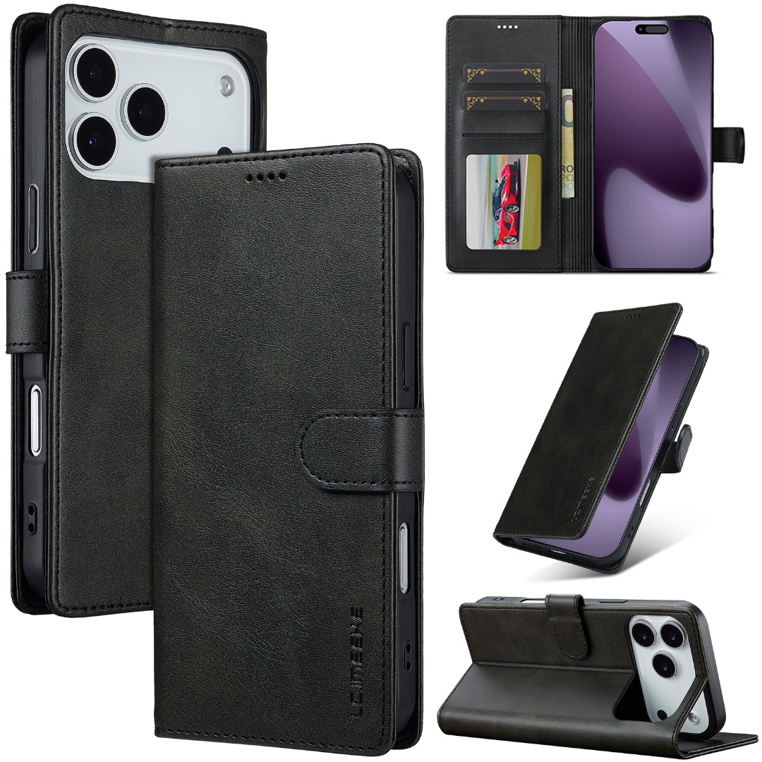 Husa piele, tip portofel, inchidere magnetica, stand, suport moale la culoarea husei, iPhone 17 Pro - CaseMe, Negru