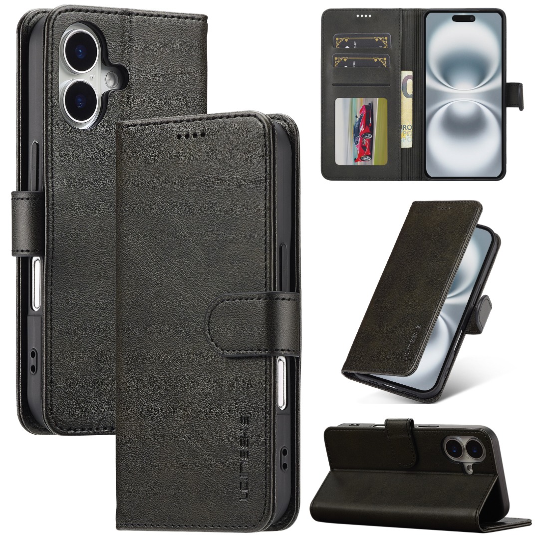 Husa piele, tip portofel, inchidere magnetica, stand, suport moale la culoarea husei, iPhone 17 - CaseMe, Negru