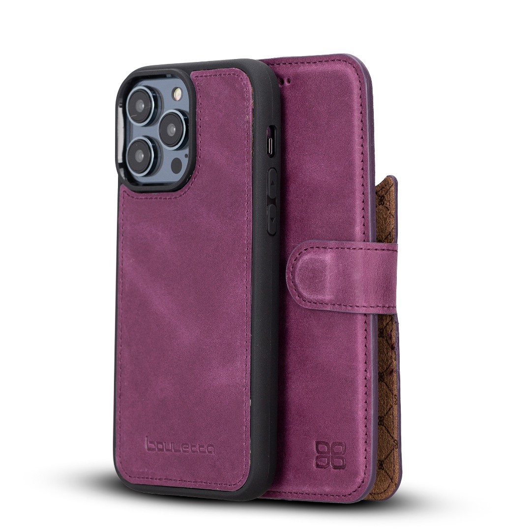 Husa piele naturala 2 in 1, cu MagSafe, tip portofel + back cover, iPhone 14 Pro Max - Bouletta Magic Wallet, Purple