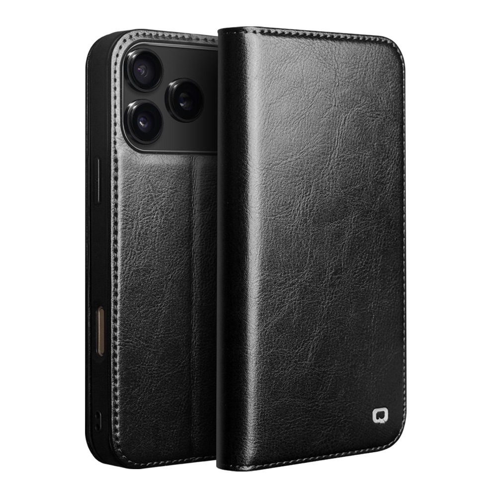 Husa din piele fina naturala pentru iPhone 17 Pro Max - tip carte, cu buzunare carduri si bani, stand video, Qialino Classic Wallet, Negru