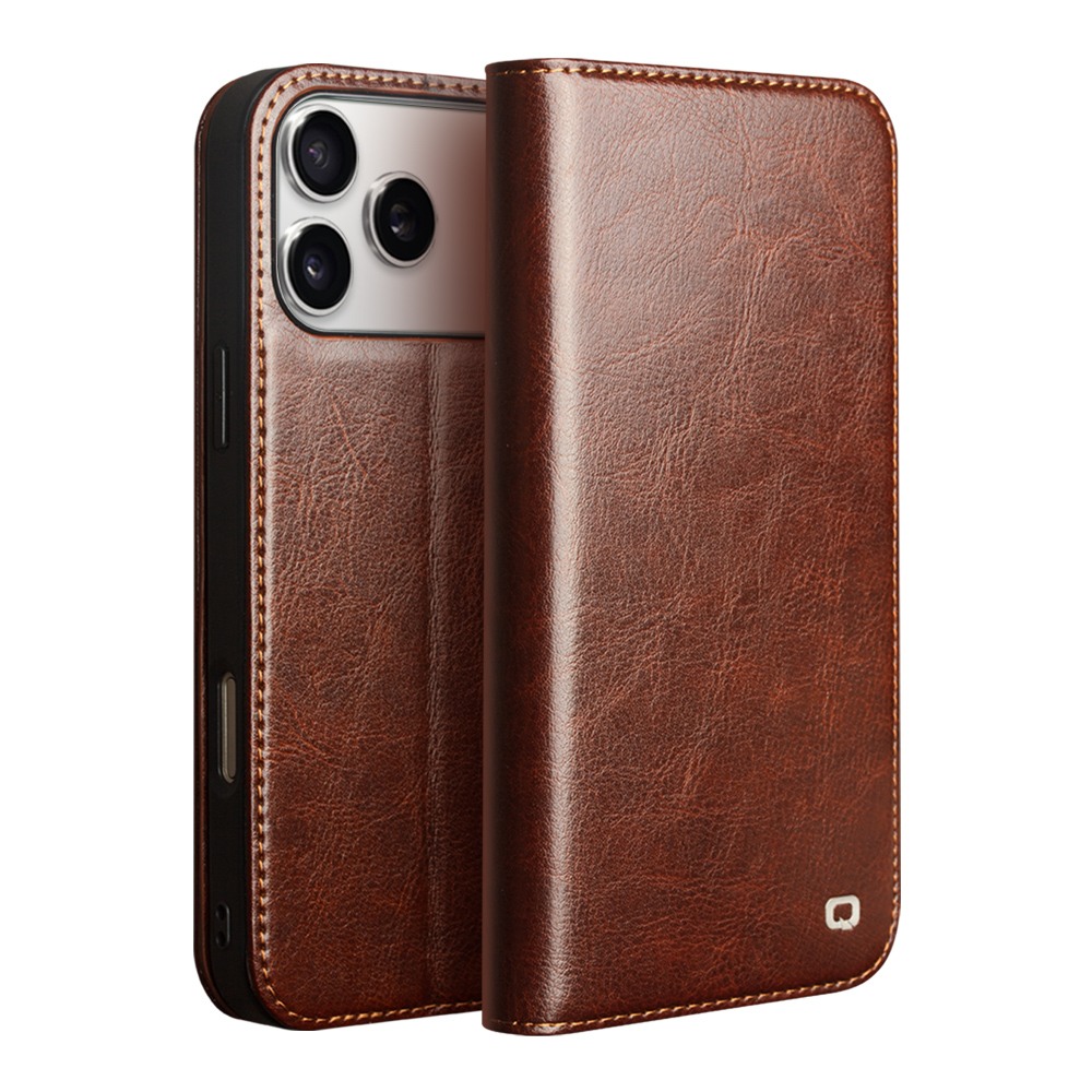 Husa din piele fina naturala pentru iPhone 17 Pro Max - tip carte, cu buzunare carduri si bani, stand video, Qialino Classic Wallet, Maro coffee