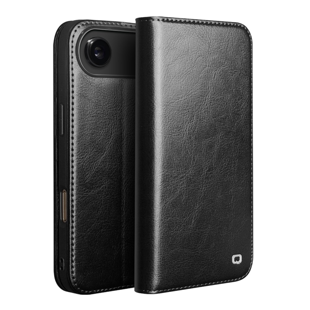 Husa din piele fina naturala pentru iPhone Air - tip carte, cu buzunare carduri si bani, stand video, Qialino Classic Wallet, Negru