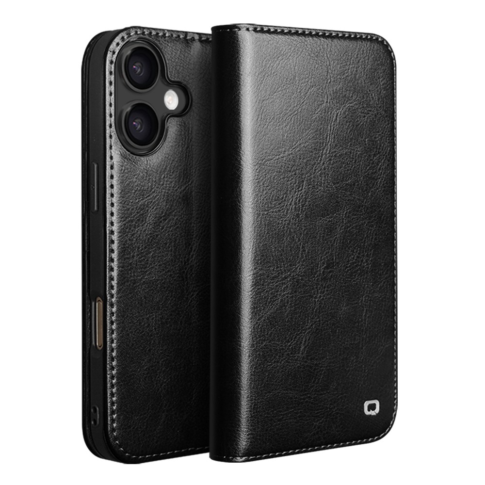 Husa din piele fina naturala pentru iPhone 17 - tip carte, cu buzunare carduri si bani, stand video, Qialino Classic Wallet, Negru
