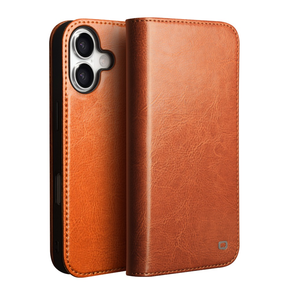Husa din piele fina naturala pentru iPhone 17 - tip carte, cu buzunare carduri si bani, stand video, Qialino Classic Wallet, Maro tabac