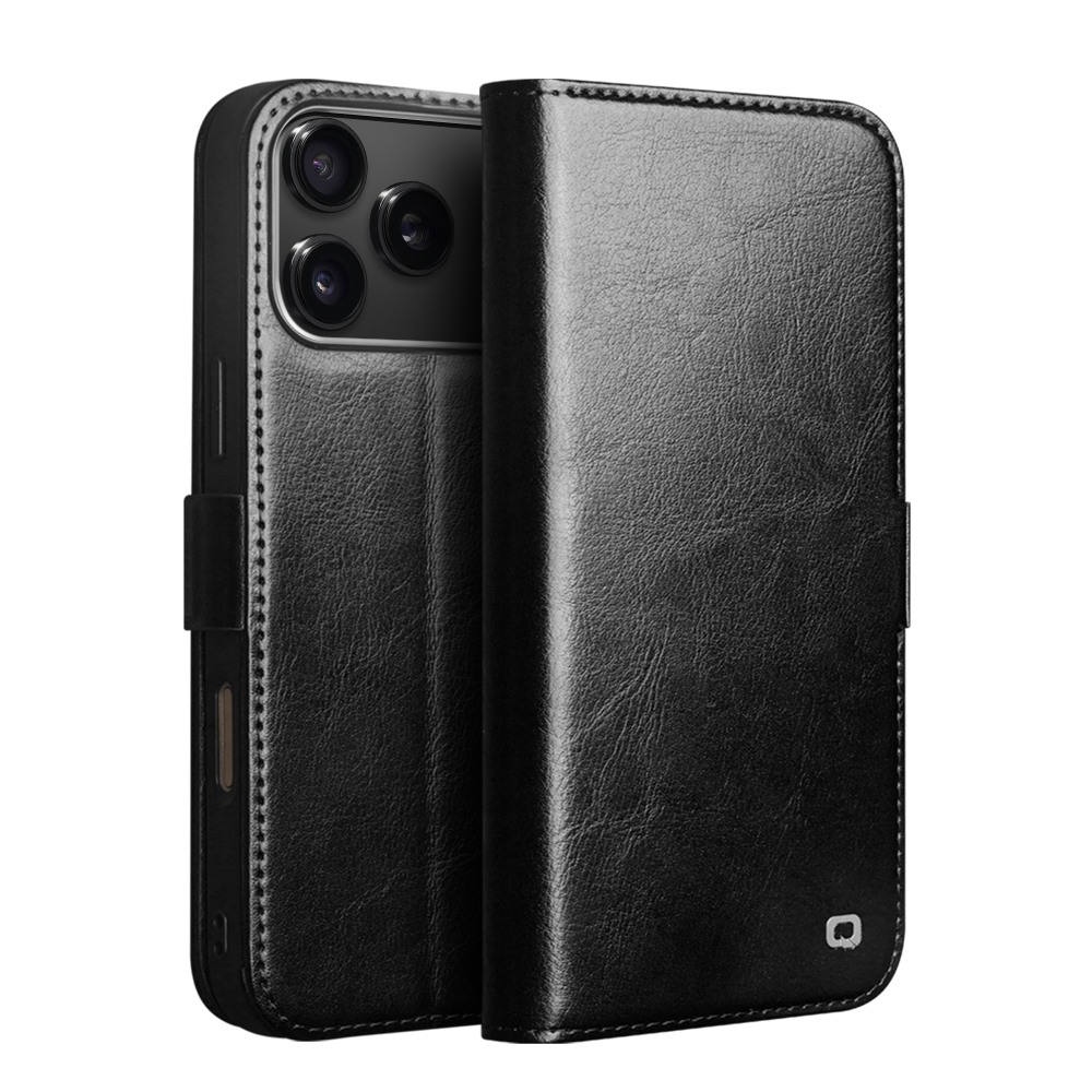 Husa pentru iPhone 17 Pro din piele fina naturala, tip carte, inchidere sigura magnetica, cu buzunare carduri si bani, stand video, rama moale carcasa, protectie camera prin rama inaltata - Qialino Magnetic Classic Wallet, Negru - Black Prestige