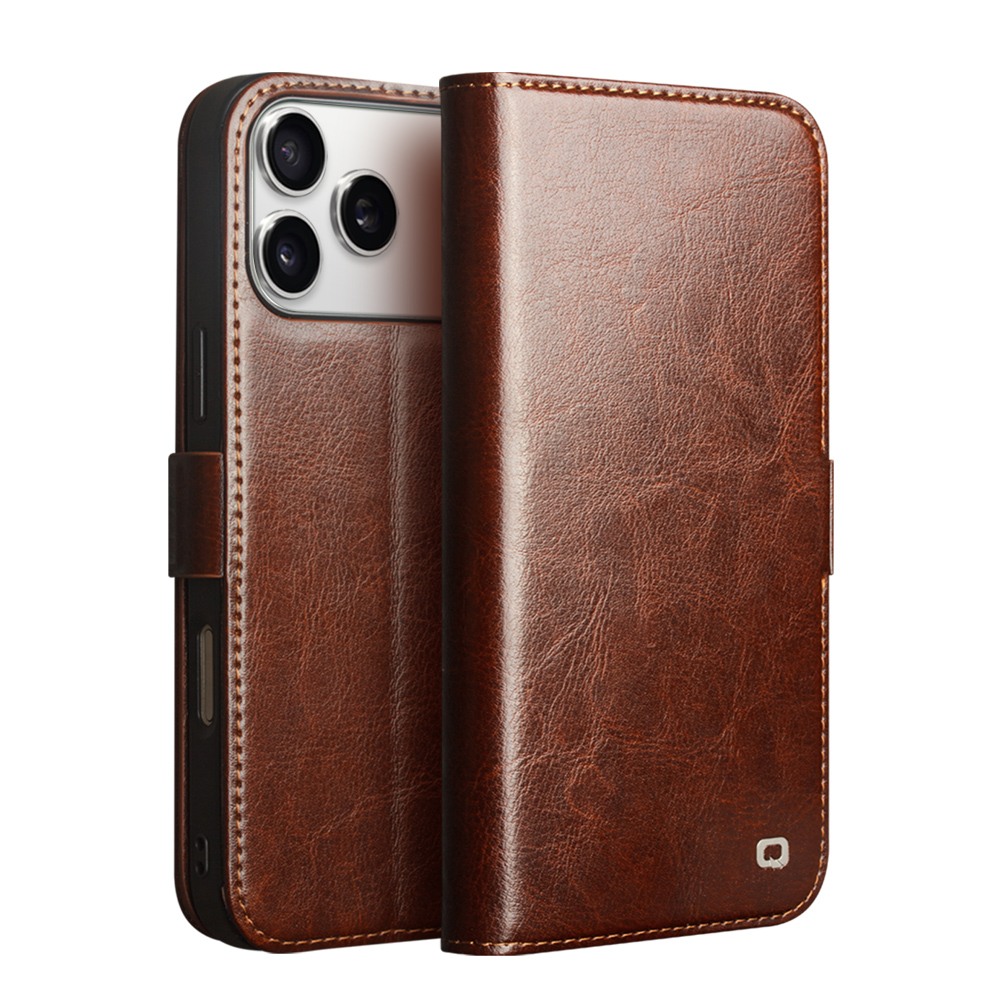 Husa pentru iPhone 17 Pro din piele fina naturala, tip carte, inchidere sigura magnetica, cu buzunare carduri si bani, stand video, rama moale carcasa, protectie camera prin rama inaltata - Qialino Magnetic Classic Wallet, Maro - Espresso Brown