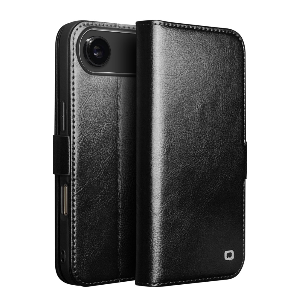 Husa pentru iPhone Air din piele fina naturala, tip carte, inchidere sigura magnetica, cu buzunare carduri si bani, stand video, rama moale carcasa, protectie camera prin rama inaltata - Qialino Magnetic Classic Wallet, Negru - Black Prestige