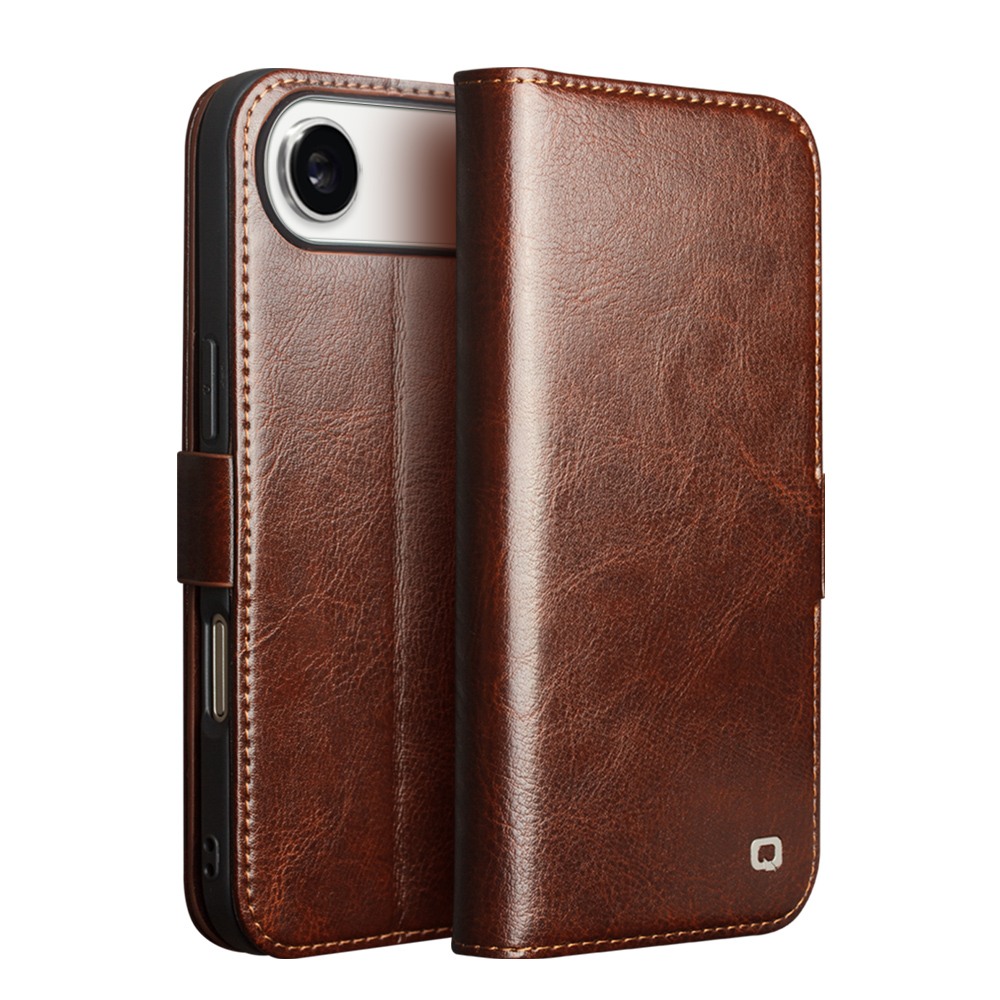 Husa pentru iPhone Air din piele fina naturala, tip carte, inchidere sigura magnetica, cu buzunare carduri si bani, stand video, rama moale carcasa, protectie camera prin rama inaltata - Qialino Magnetic Classic Wallet, Maro - Espresso Brown