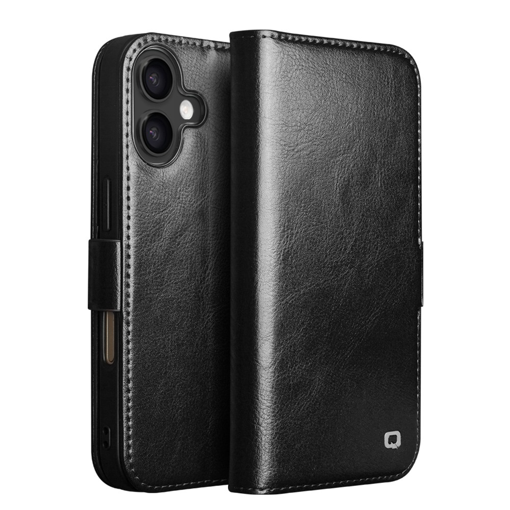Husa pentru iPhone 17 din piele fina naturala, tip carte, inchidere sigura magnetica, cu buzunare carduri si bani, stand video, rama moale carcasa, protectie camera prin rama inaltata - Qialino Magnetic Classic Wallet, Negru - Black Prestige