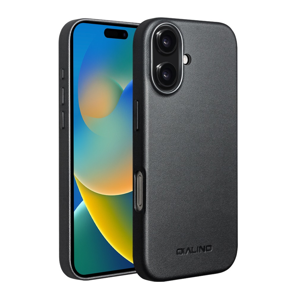 Husa slim din piele naturala pentru iPhone 17, compatibil MagSafe, tip back cover fara clapeta, rama inaltata pentru protectia camerei, Qialino, Negru Onyx Black