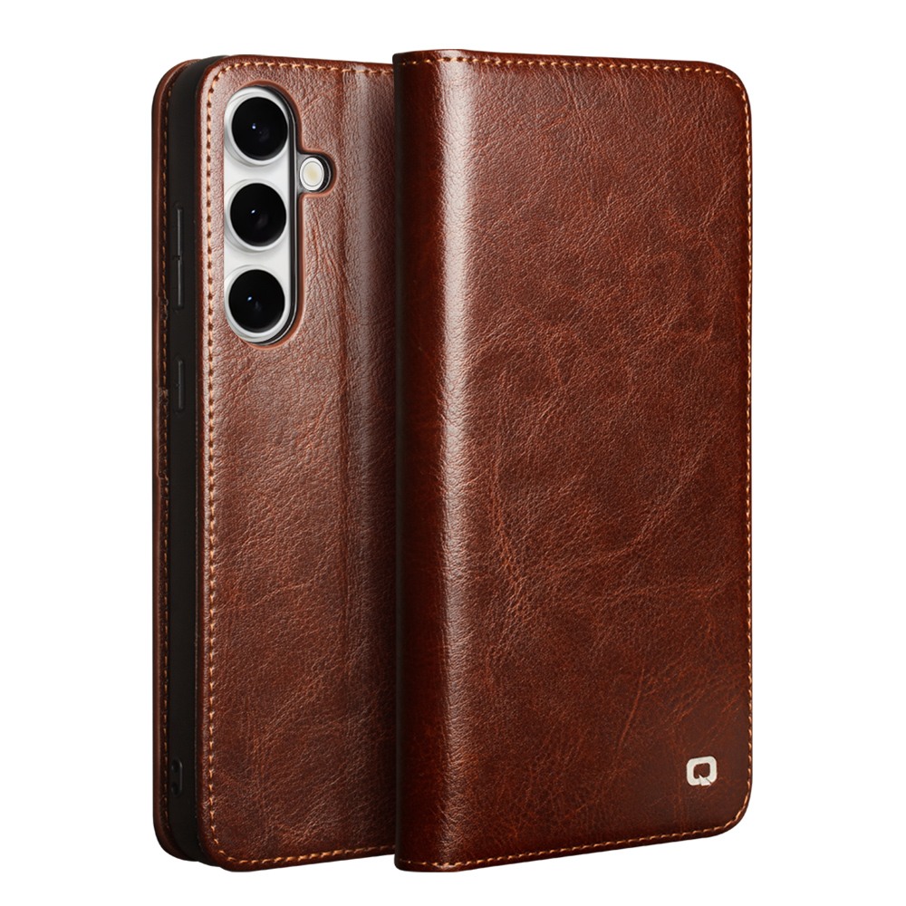 Husa din piele fina naturala pentru  Samsung Galaxy S25 FE - tip carte, cu buzunare carduri si bani, stand video, Qialino Classic Wallet, Maro - Espresso Brown
