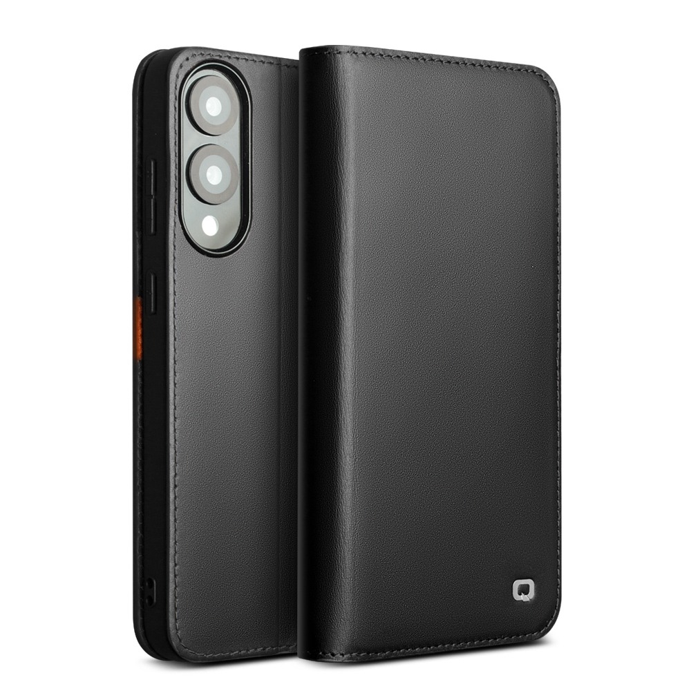 Husa din piele naturala pentru Samsung Galaxy S25 Edge  - tip carte, cu buzunare carduri si bani, stand video, textura mata si neteda, Qialino Business Wallet, Negru - Graphite Black