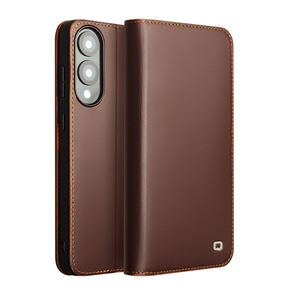 Husa din piele naturala pentru Samsung Galaxy S25 Edge  - tip carte, cu buzunare carduri si bani, stand video, textura mata si neteda, Qialino Business Wallet, Maro - Chestnut Brown