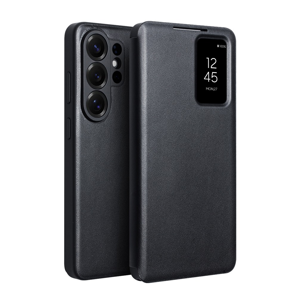 Husa pentru Samsung Galaxy S26 Ultra, tip cover, piele naturala, Smart View, Auto Sleep/Wake, Qialino Genuine Leather,  Negru - Obsidian Black