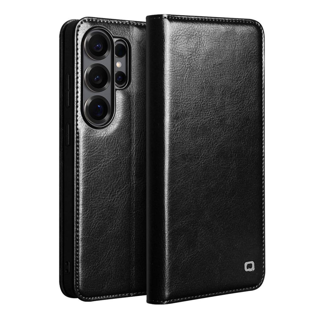 Husa pentru cu Samsung Galaxy S26 Ultra – piele naturala fina, tip carte, sloturi carduri si bani, functie stand, Qialino Classic Wallet, Negru - Black Prestige