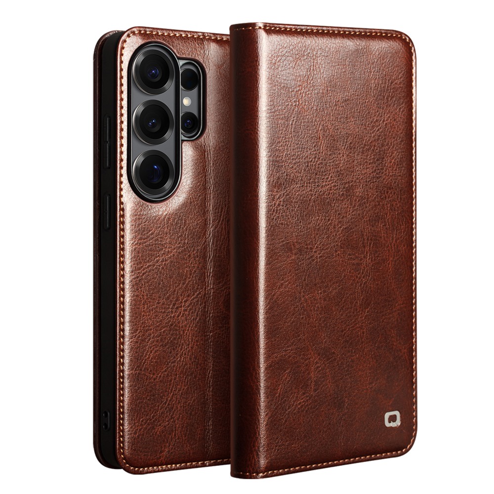 Husa pentru cu Samsung Galaxy S26 Ultra – piele naturala fina, tip carte, sloturi carduri si bani, functie stand, Qialino Classic Wallet, Maro - Espresso Brown