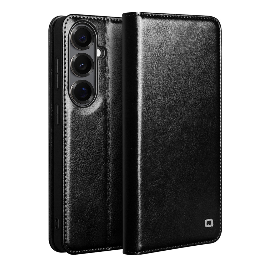 Husa pentru cu Samsung Galaxy S26 – piele naturala fina, tip carte, sloturi carduri si bani, functie stand, Qialino Classic Wallet, Negru - Black Prestige