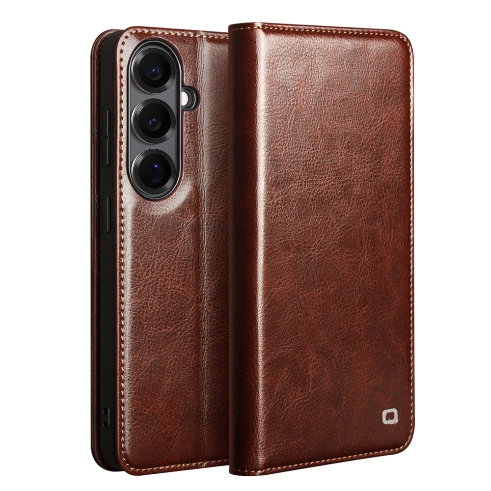 Husa pentru cu Samsung Galaxy S26 Plus – piele naturala fina, tip carte, sloturi carduri si bani, functie stand, Qialino Classic Wallet, Maro - Espresso Brown