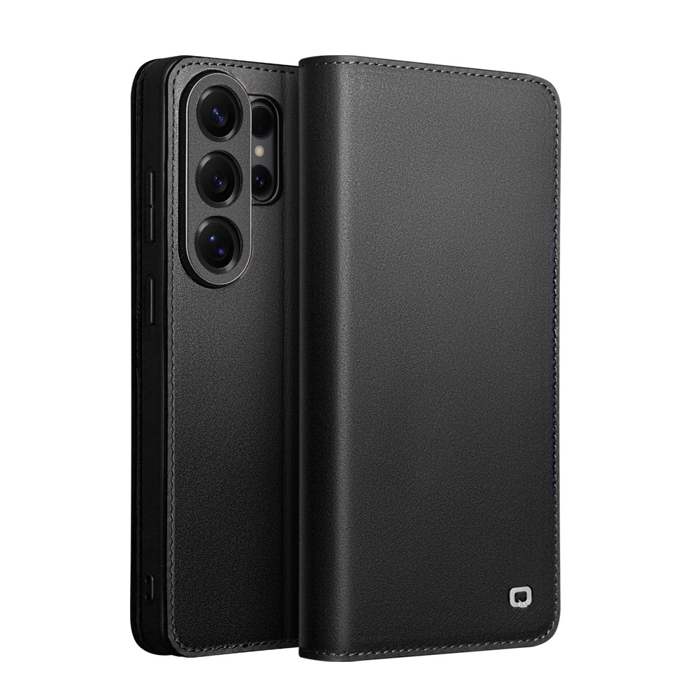 Husa din piele naturala pentru Samsung Galaxy S26 Ultra  - tip carte, cu buzunare carduri si bani, stand video, textura mata si neteda, Qialino Business Wallet, Negru - Graphite Black