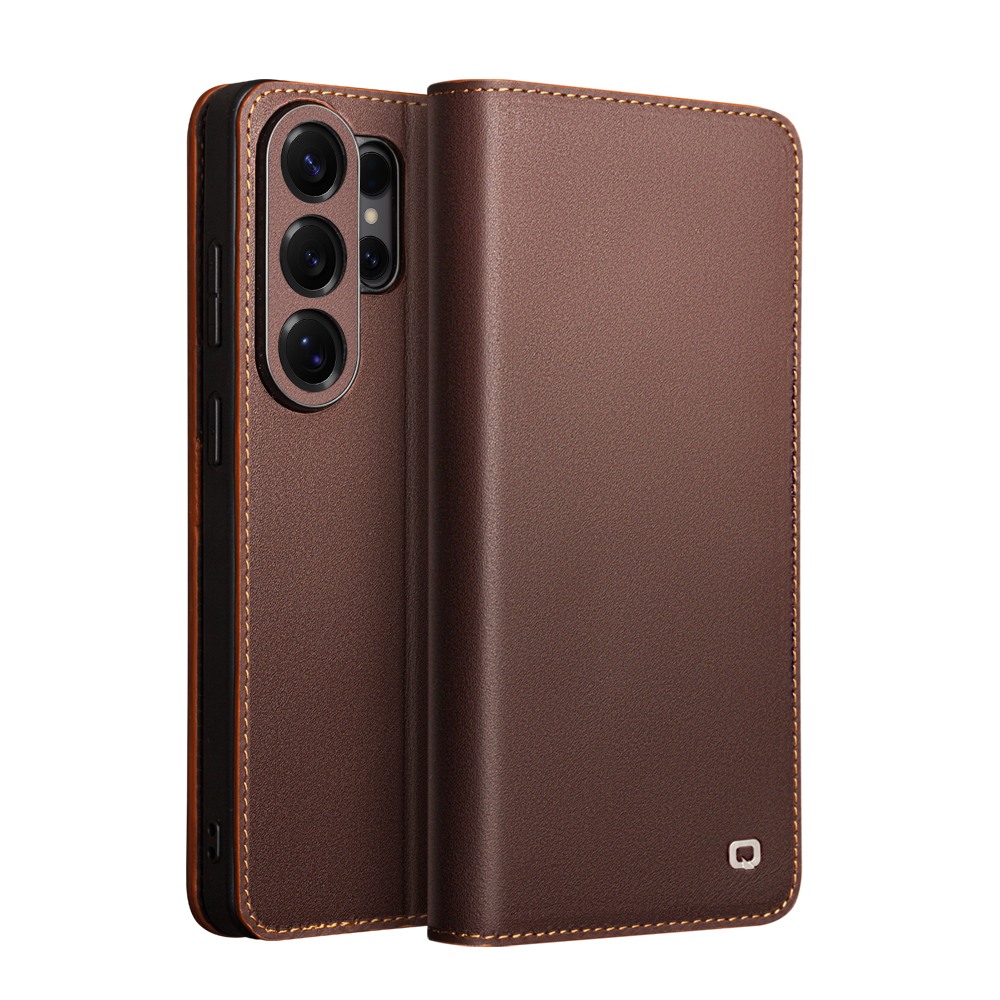 Husa din piele naturala pentru Samsung Galaxy S26 Ultra  - tip carte, cu buzunare carduri si bani, stand video, textura mata si neteda, Qialino Business Wallet, Maro - Chestnut Brown