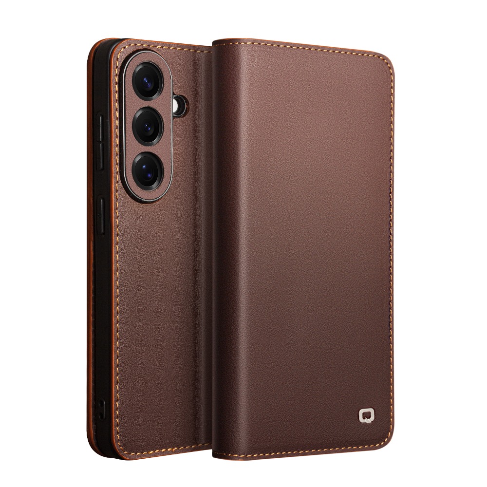 Husa din piele naturala pentru Samsung Galaxy S26 Plus - tip carte, cu buzunare carduri si bani, stand video, textura mata si neteda, Qialino Business Wallet, Maro - Chestnut Brown