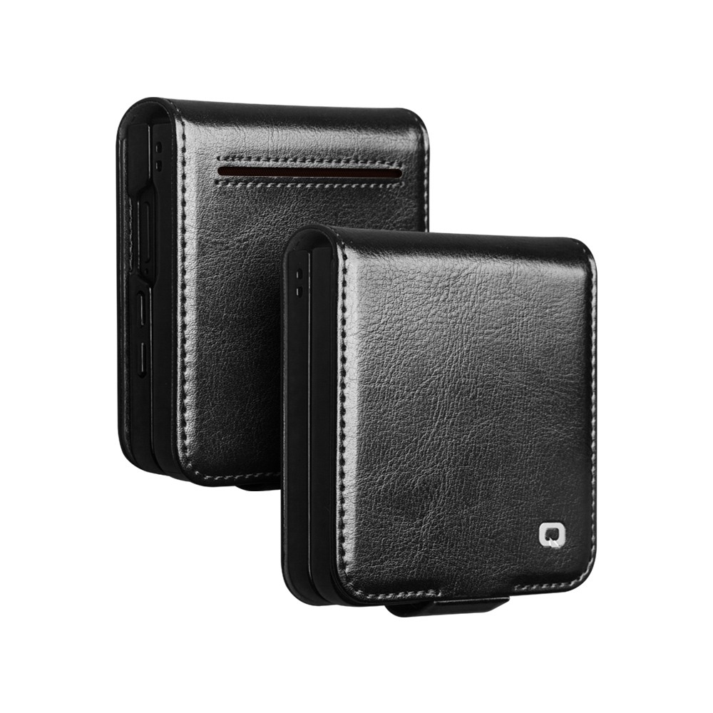 Husa din piele fina, inchidere sigura magnetica, protectie rama telefon, cu buzunar card, Samsung Galaxy Z Flip8 - Qialino Magnetic Classic Wallet, Negru - Black Prestige