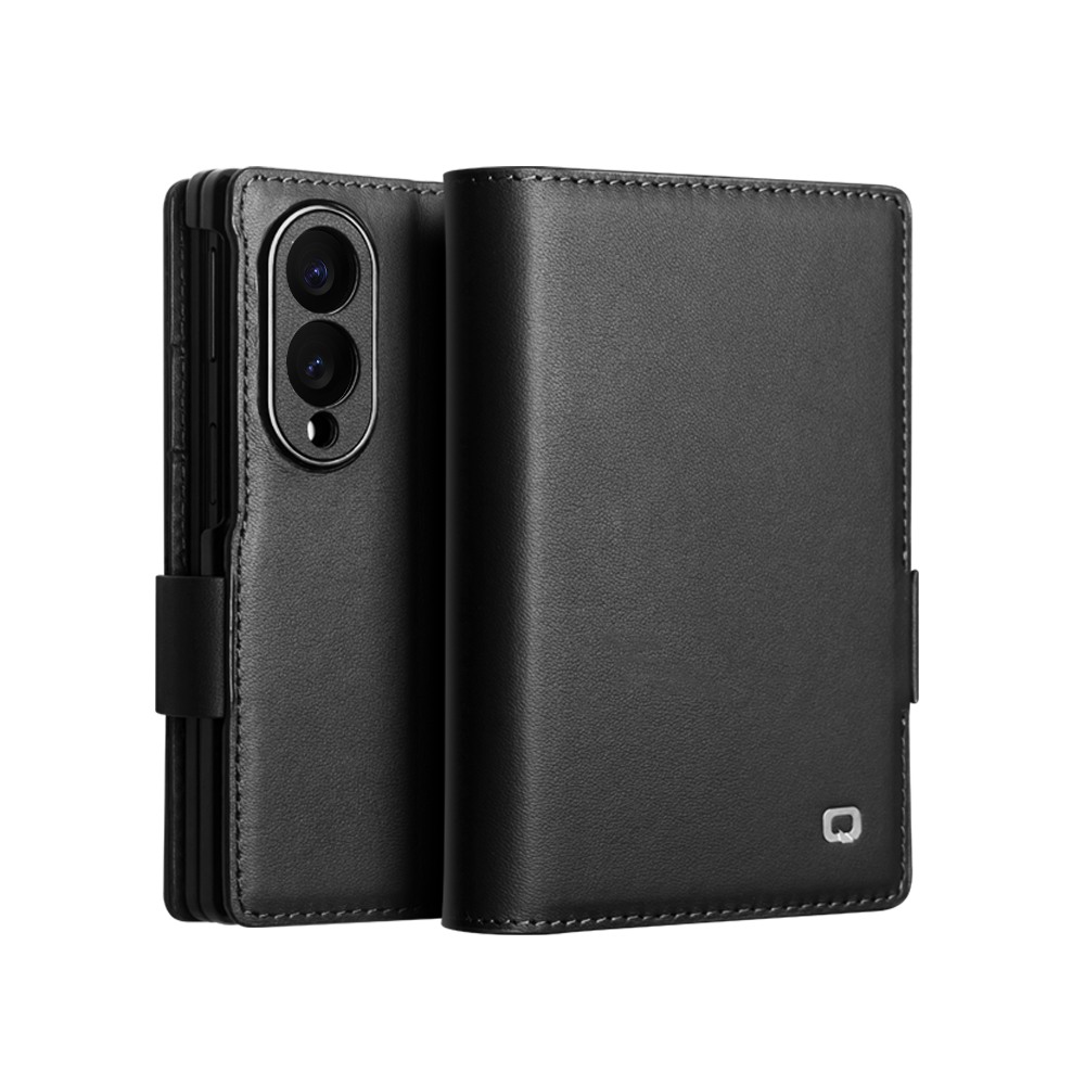 Husa din piele naturala pentru Samsung Galaxy Z Fold8  - tip carte, cu buzunare carduri si bani, stand video, textura mata si neteda, inchidere magnetica discreta, Qialino Business Wallet, Negru - Graphite Black