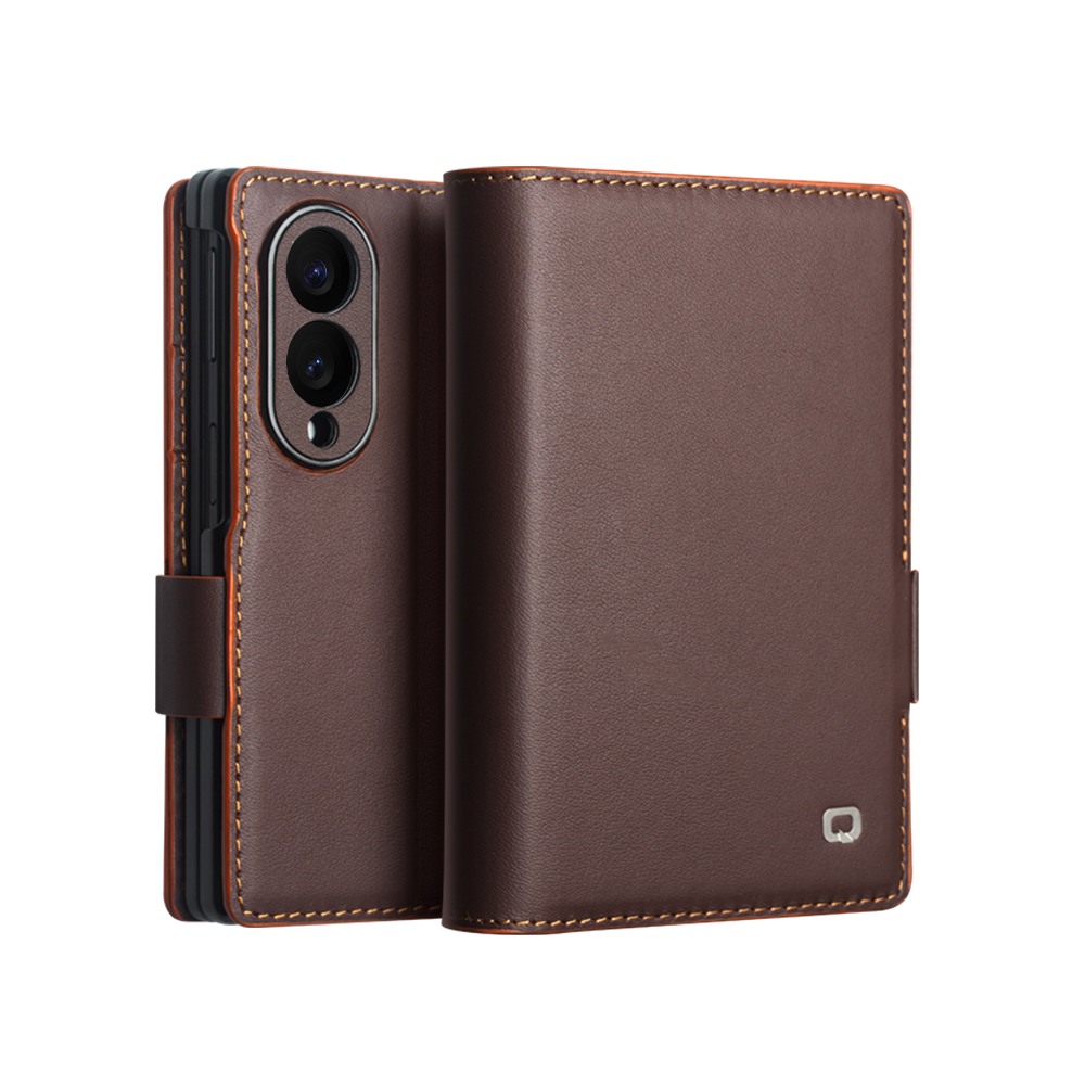 Husa din piele naturala pentru Samsung Galaxy Z Fold8  - tip carte, cu buzunare carduri si bani, stand video, textura mata si neteda, inchidere magnetica discreta, Qialino Business Wallet, Maro - Chestnut Brown