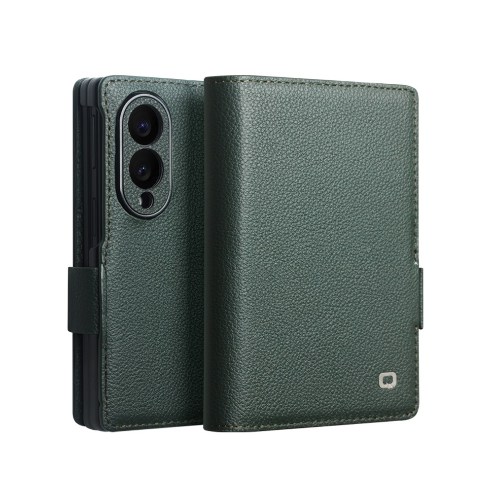 Husa din piele naturala pentru Samsung Galaxy Z Fold8  - tip carte, cu buzunare carduri si bani, stand video, textura mata si neteda, inchidere magnetica discreta, Qialino Business Wallet, Verde - Pine Green