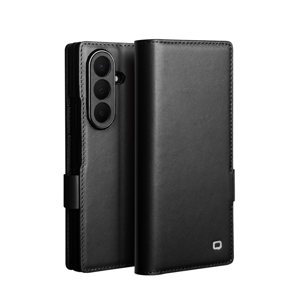 Husa din piele naturala pentru Samsung Galaxy Z Fold8 Ultra - tip carte, cu buzunare carduri si bani, stand video, textura mata si neteda, inchidere magnetica discreta, Qialino Business Wallet, Negru - Graphite Black