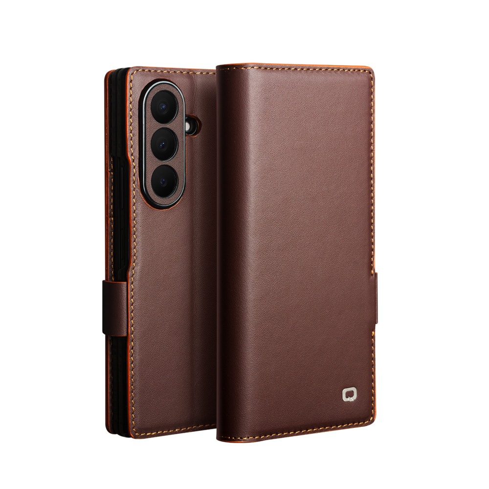 Husa din piele naturala pentru Samsung Galaxy Z Fold8 Ultra - tip carte, cu buzunare carduri si bani, stand video, textura mata si neteda, inchidere magnetica discreta, Qialino Business Wallet, Maro - Chestnut Brown