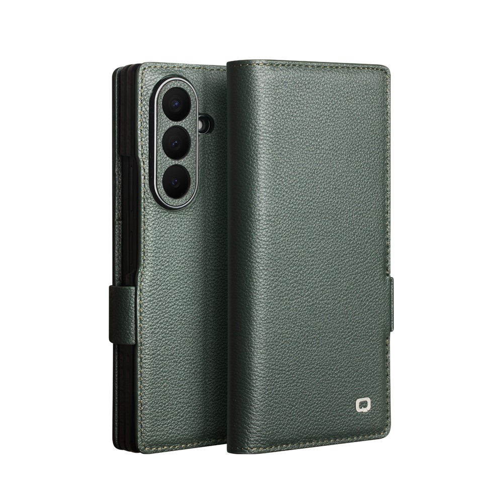 Husa din piele naturala pentru Samsung Galaxy Z Fold8 Ultra - tip carte, cu buzunare carduri si bani, stand video, textura mata si neteda, inchidere magnetica discreta, Qialino Business Wallet, Verde - Pine Green