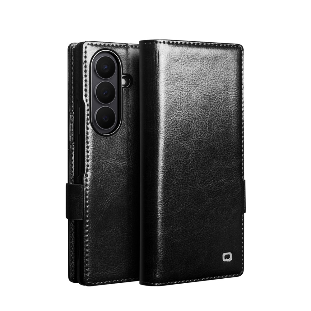 Husa pentru Samsung Galaxy Z Fold8 Ultra din piele fina naturala, tip carte, inchidere sigura magnetica, buzunare carduri, bani, stand video, rama moale carcasa, protectie camera prin rama inaltata - Qialino Magnetic Classic Wallet, Negru Black Prestige