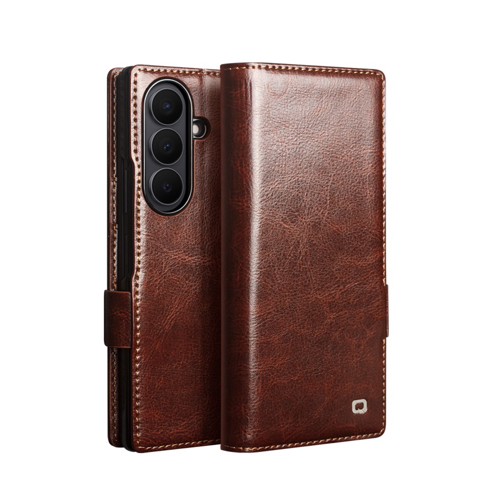Husa pentru Samsung Galaxy Z Fold8 Ultra din piele fina naturala, tip carte, inchidere sigura magnetica, buzunare carduri, bani, stand video, rama moale carcasa, protectie camera prin rama inaltata - Qialino Magnetic Classic Wallet, Maro Espresso Brown