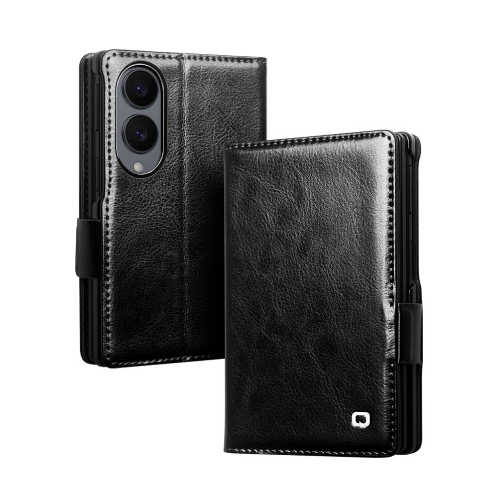 Husa pentru Samsung Galaxy Z Fold8 din piele fina naturala, tip carte, inchidere sigura magnetica, cu buzunare carduri si bani, stand video, rama moale carcasa, protectie camera prin rama inaltata - Qialino Magnetic Classic Wallet, Negru - Black Prestige
