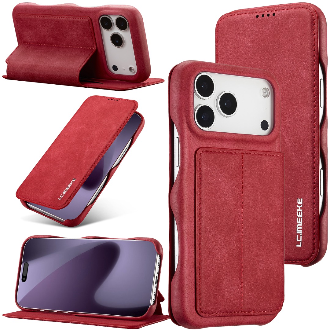 Husa slim tip carte pentru iPhone 17 Pro, cu buzunar pentru card, functie stand pentru vizionare video, decupaj pentru convorbiri cu clapeta inchisa, inchidere magnetica, CaseMe, Rosu