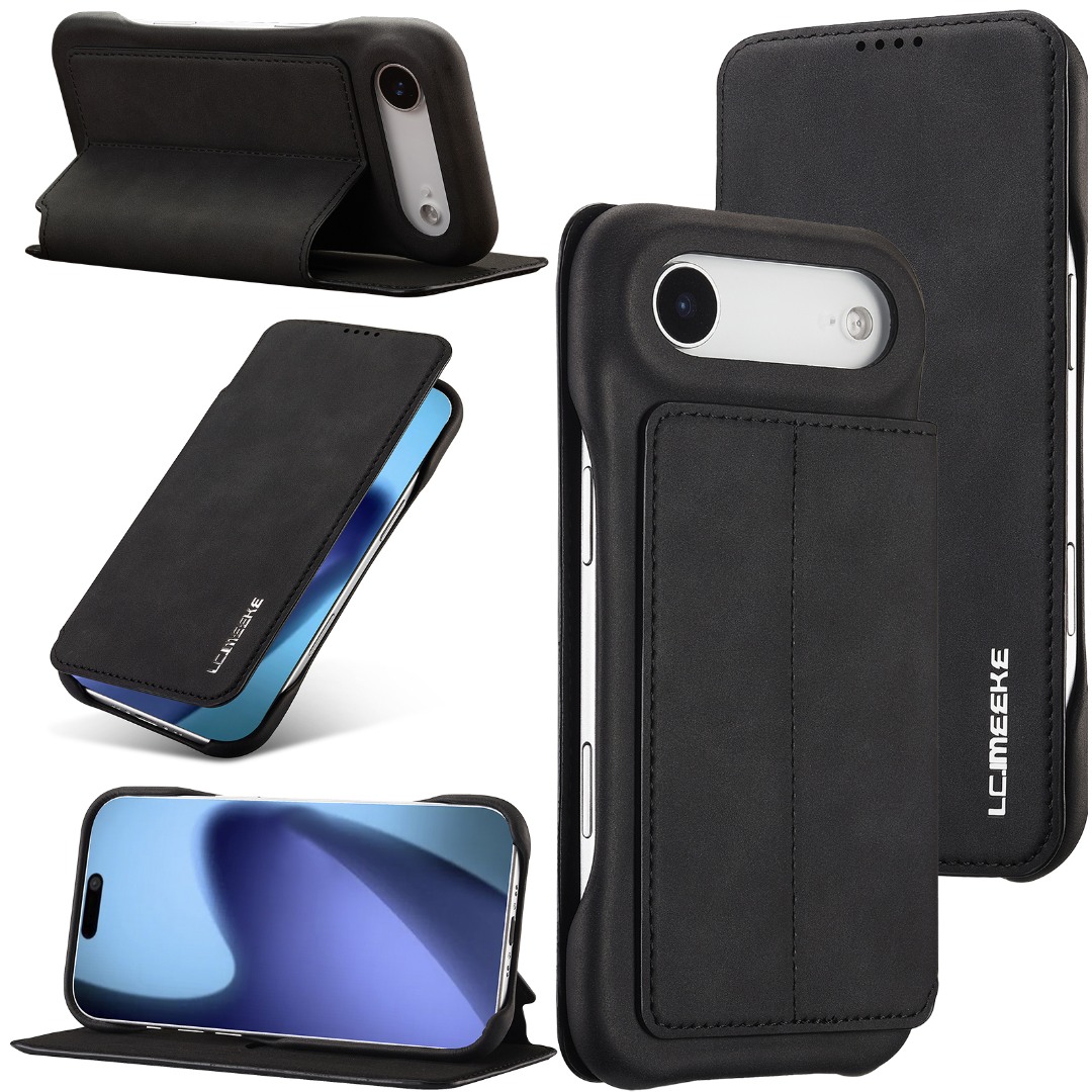 Husa slim tip carte pentru iPhone Air, cu buzunar pentru card, functie stand pentru vizionare video, decupaj pentru convorbiri cu clapeta inchisa, inchidere magnetica, CaseMe, Negru