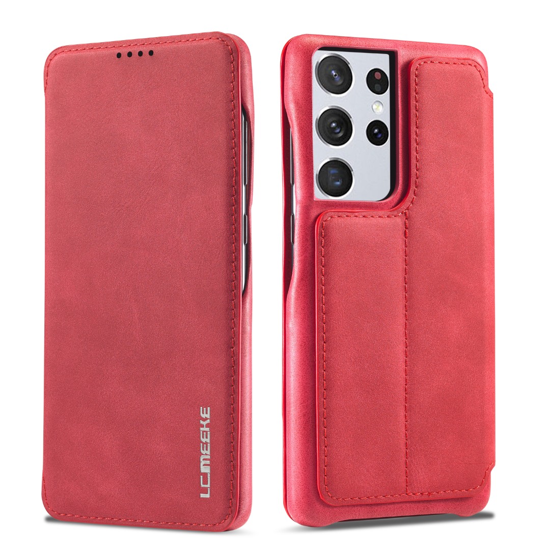 Husa slim piele, stand, inchidere magnetica, textura fina, Samsung Galaxy S21 Ultra - CaseMe, Rosu