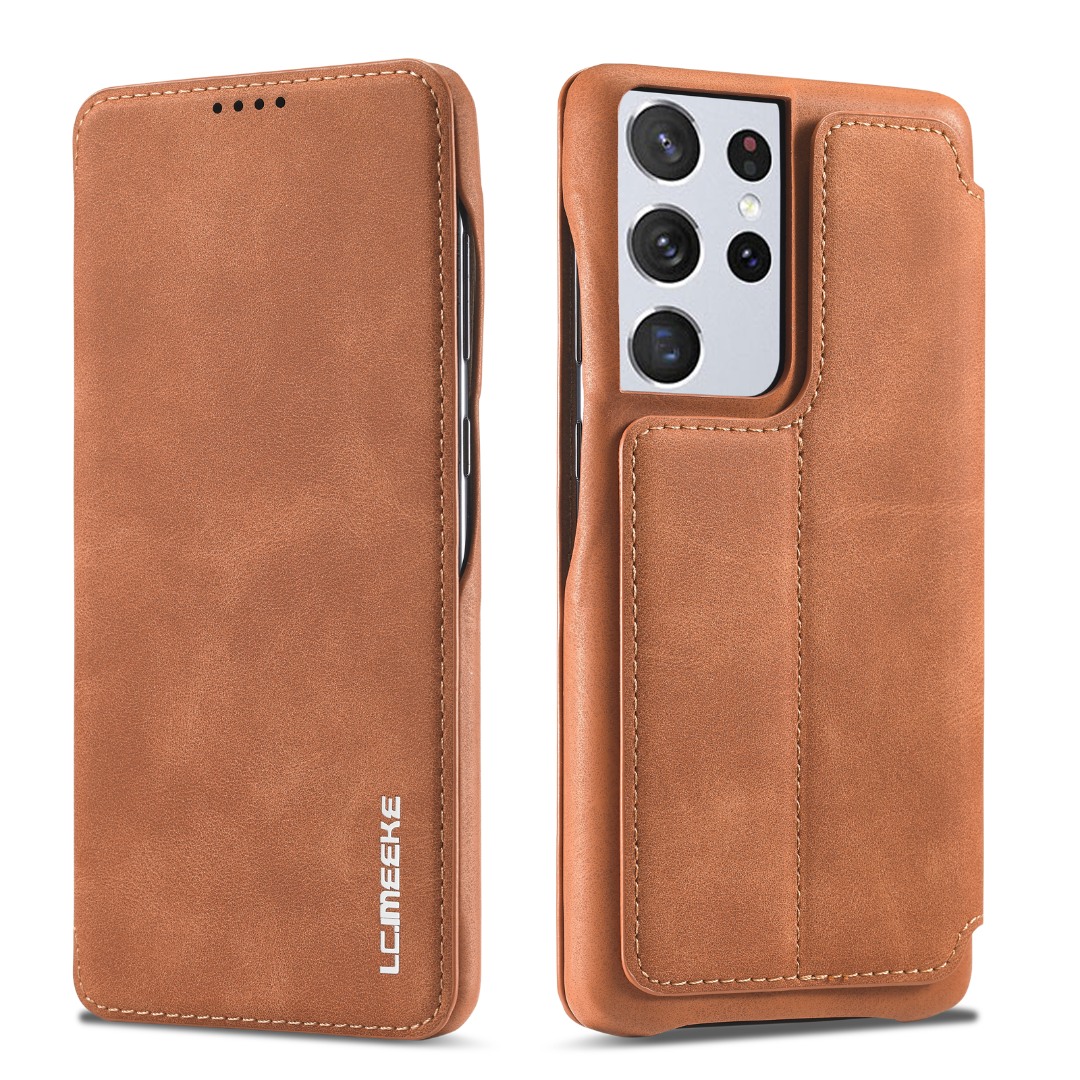 Husa slim piele, stand, inchidere magnetica, textura fina, Samsung Galaxy S21 Ultra - CaseMe, Maro